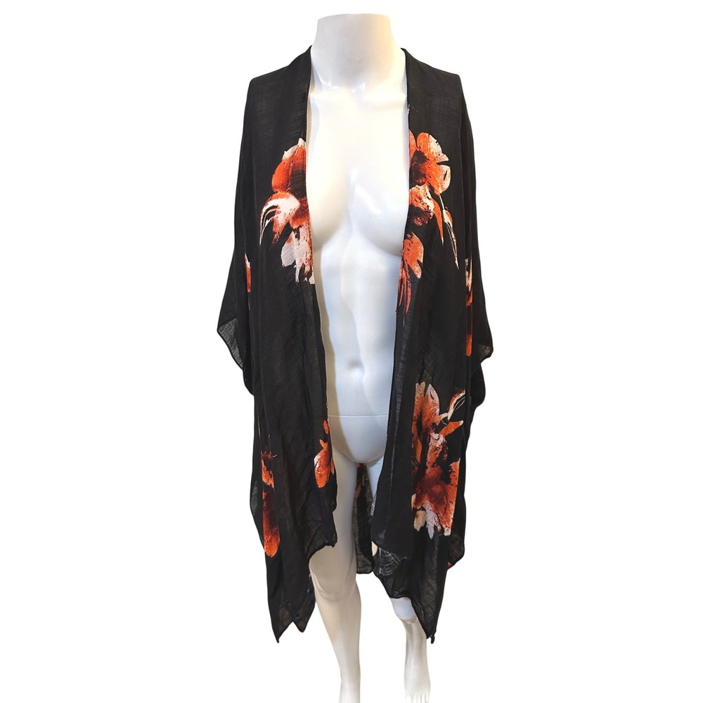 Floral Kimono Black Orange Open Front‎ One Size Boho Resort Hawaiian Tropical